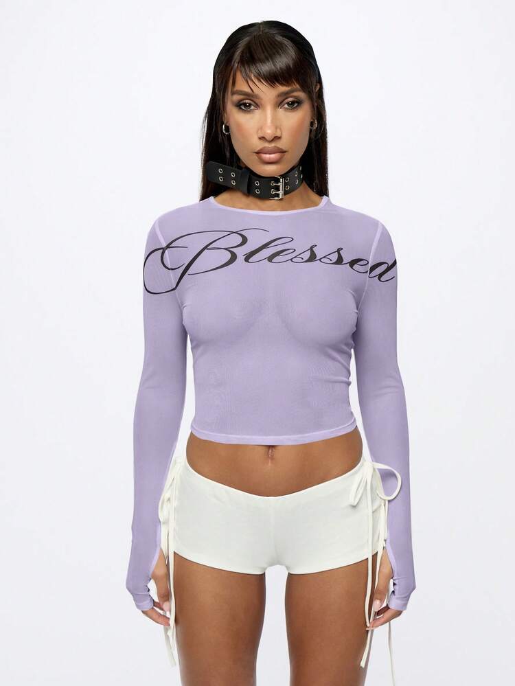 SUMWON WOMEN Women Long Sleeve Crew Neck Script Graphic Mesh Top Cropped Fitted Ribbed Stretchy Layering Piece