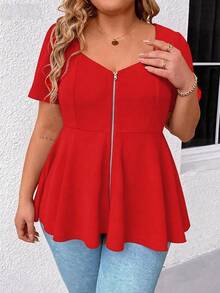 Elenzga Scoop Neck Short Sleeve Zip Up Ruffle Hem Casual Elegant Plus Size Women Blouse - Red - View 3