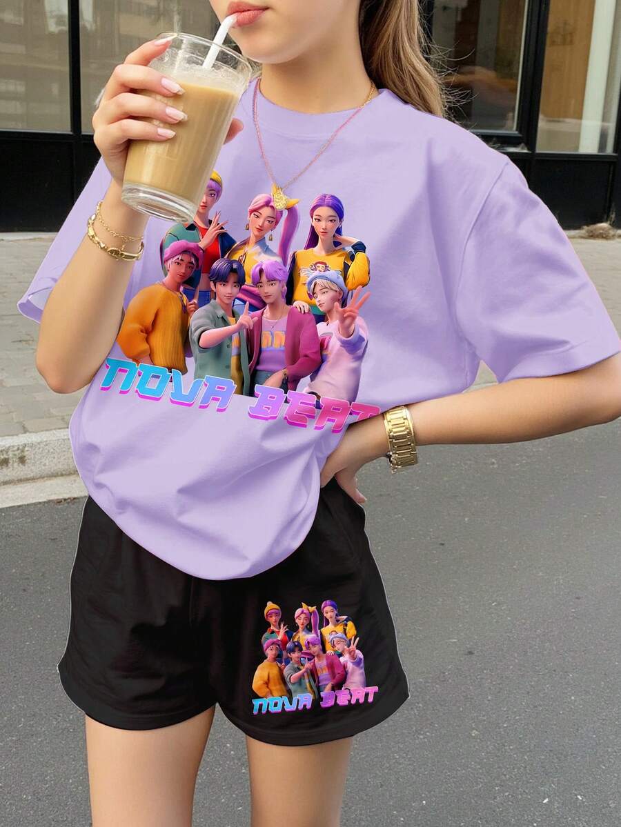 多巴胺色,K-POP卡通女孩,返校季,复古甜美少女休闲宽松圆领短袖T恤短裤两件套,适合春夏穿着,街头风,休闲校园运动风,户外野餐 - 彩色 - 查看 1