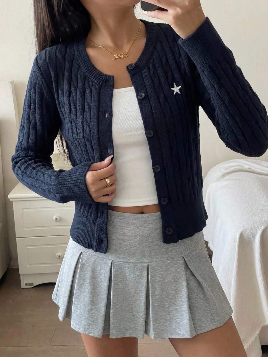 Teen Girls Navy Blue Knit Star Cardigan,Winter Back-To-School Graduation Cropped Sweater,Round Neck Long Sleeve Button Up Casual Loose Autumn Top - Royal Blue - View 1