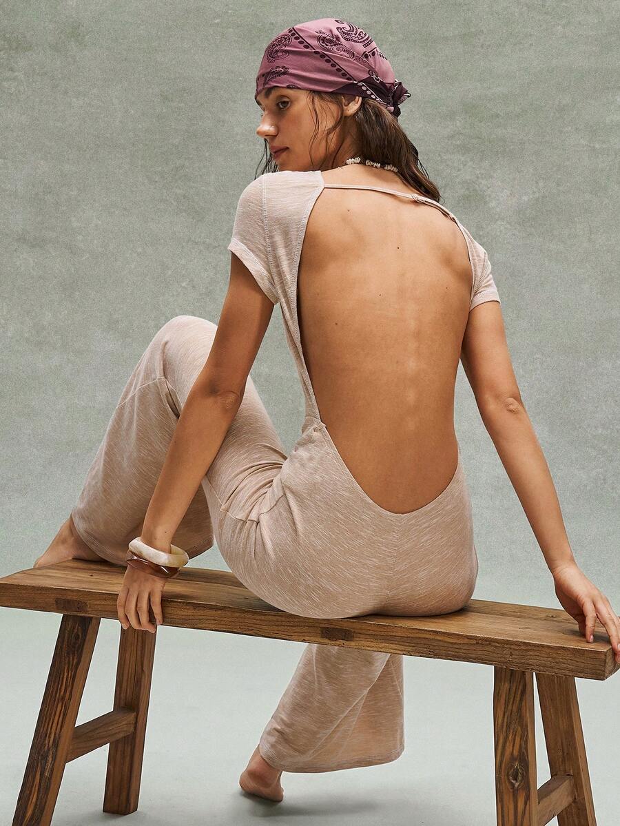 Bohemela 波西米亚风美式休闲星形水钻图案针织露背连体裤（女款） - 卡其色 - 查看 1