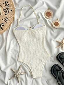 SHEIN 少女金属装饰镂空连体泳衣，适合海滩度假、泳池派对、沙滩派对 - 米色 - 查看 2