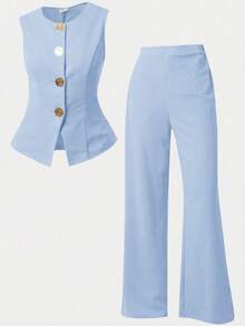 Girlism Teen Girls Sleeveless Top And Pants Set, Metal Button Closure, Elegant Retro Style,Kids - Baby Blue - View 11