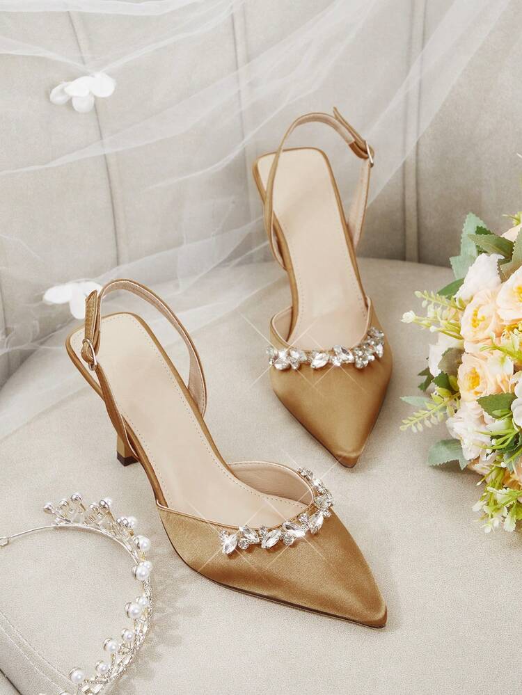 CUCCOO HITCHD Women's Pointed Toe Rhinestone Stilettos, Khaki Satin Comfortable Elegant Pumps, Suitable For Weddings, Parties, Formal Occasions