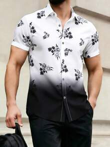 Manfinity RSRT Áo sơ mi nam ombre in hoa không có áo phông, áo sơ mi ngắn tay cài khuy nghệ thuật đồ họa cho chồng - Đen và trắng - Xem 1