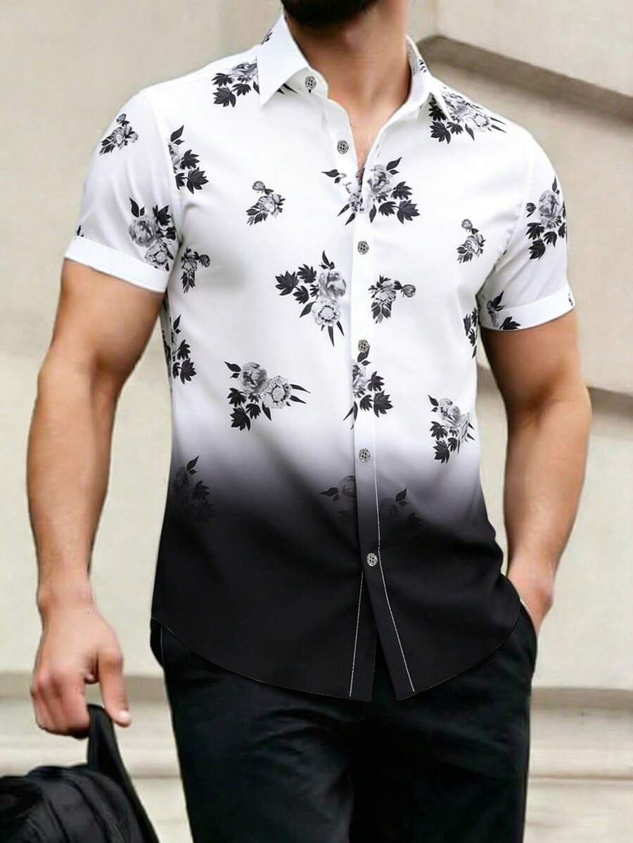 Manfinity RSRT Áo sơ mi nam ombre in hoa không có áo phông, áo sơ mi ngắn tay cài khuy nghệ thuật đồ họa cho chồng - Đen và trắng - Xem 1