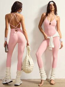 VARSIVA Pink Deep V-Neck Women's Sports Jumpsuit, With Cutouts At The Chest And An Open Back, Stylish, Simple And Sexy Women's Sports Jumpsuit. Suitable For Fitness Activities, Pilates, Yoga, Running, And Everyday Wear, Perfect For Spring, Summer, And Autumn. - Pink - View 10