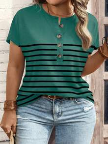 EMERY ROSE Plus Size V-Neck Button Striped Short Sleeve T-Shirt, Loose Fit, 2025 New Arrival - Green - View 1