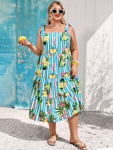 Vivid Eden Plus Size Women's Holiday Dress, Summer Boho Vacation Tropical Fruit Floral Print Tiered Midi Dress, Square Neck Tie Shoulder Sundress Party - Blue and White - View 4