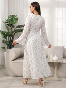 Al Najma Đầm tay loe cổ chữ V họa tiết hoa phối màu tie-dye, kiểu Ả Rập, mùa xuân/hè. - màu xanh lá - Xem 3