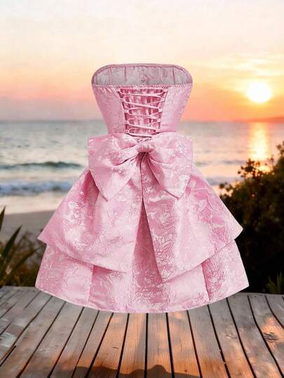 Franclia Women's Elegant New Arrival, Bow Tie Party Dress, Sexy Fitted Mini Dress For Summer, Graceful Tie-Up Birthday Dress, Date/Party Strapless Short Dress, Pink Dress Brocade Jacquard Dress Dress With Bows Pink Corset Dress Pink Dress With Bow Pink Tea Party Dress Baby Shower Dress Pink