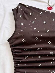 Blusa sin mangas con fruncidos y lazo frontal con lunares para mujer - Marrón - Ver 4