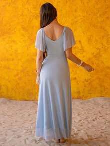 Andrea Bello 女士浅紫色V领荷叶袖褶裥开衩连衣裙，优雅伴娘礼服，派对礼服，春夏款 - 藍色 - 查看 2