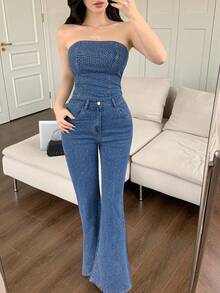 DAZY Bộ đồ nữ thanh lịch gồm áo quây đính đá hoa và quần jeans ống loe, thích hợp cho mùa xuân/hè. - Rửa trung bình - Xem 8