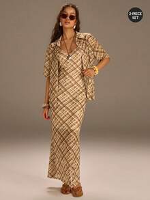 Athîral Women's Casual Plaid Shirt & Slip Dress 2 Pieces Set - Multicolor - View 3