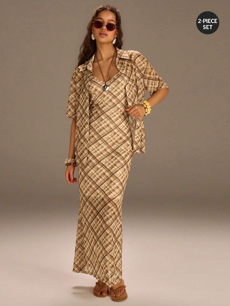 Athîral Women's Casual Plaid Shirt & Slip Dress 2 Pieces Set - Multicolor - View 1