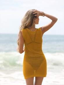 EMERY ROSE Women's Solid Color Metal Decor Casual Vacation Travel Knit Dress - Yellow - View 2