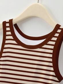 Resyla Coffee Color Striped Print Contrast Color Tank Top For Women - Multicolor - View 3