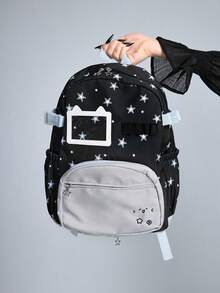 ROMWE Kawaii 1 chiếc Ba lô thời trang tối giản Y2K in hình ngôi sao lấp lánh dễ thương và mèo vui tươi bằng kim loại có khóa kéo dành cho nữ, thích hợp cho việc đi lại hàng ngày, vừa với máy tính xách tay - màu đen - Xem 1