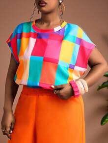 Truni Plus Size Women's Pink Colorful Plaid Print Textured Fabric Round Neck Short T-Shirt,Summer Vacation Smart Casual Neon Sunset Miami Tee For Pear Shape - Multicolor - View 6