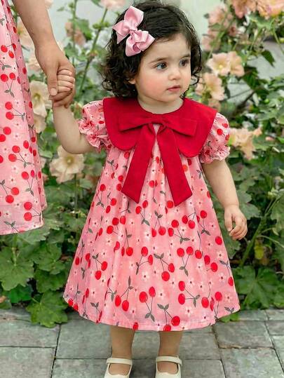 LMoss Kids 女宝宝樱桃图案蝴蝶结装饰可爱连衣裙