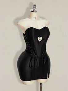 SHEIN ICON ملابس علوية حمراء برباط جانبي لعيد الحب للنساء بمقاس كبير - الأسود - مشاهدة 10