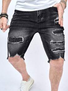 Manfinity LEGND Pantalones cortos vaqueros de hombre con parches desgastados, estilo slim fit de calle - Negro - Ver 6