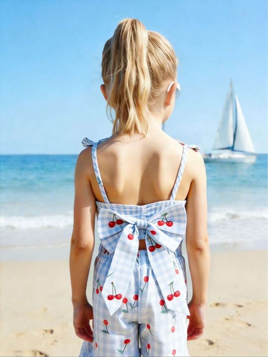 Bộ áo liền quần cho bé gái, kiểu dáng thanh lịch, thoải mái, thích hợp cho kỳ nghỉ, dây mảnh, ôm sát, màu xanh dương, chất liệu dệt kim, thích hợp cho mùa xuân/hè, phù hợp cho các hoạt động ngoài trời. - Màu xanh lam - Xem 1