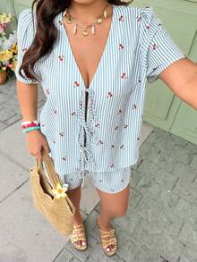 Vionelle 大码梭织条纹V领纹理短袖上衣和抽绳腰休闲短裤套装，夏季女装套装，夏季短款套装，女士度假装，女士度假服装，女士短款套装，夏季套装，女士海滨装，女士度假装，女士夏季上衣，女士夏季套装，女士夏季两件套，女士休闲衬衫，女士度假套装，女士夏季衬衫，女士野餐装，女士沙滩装 - 藍色 - 查看 6