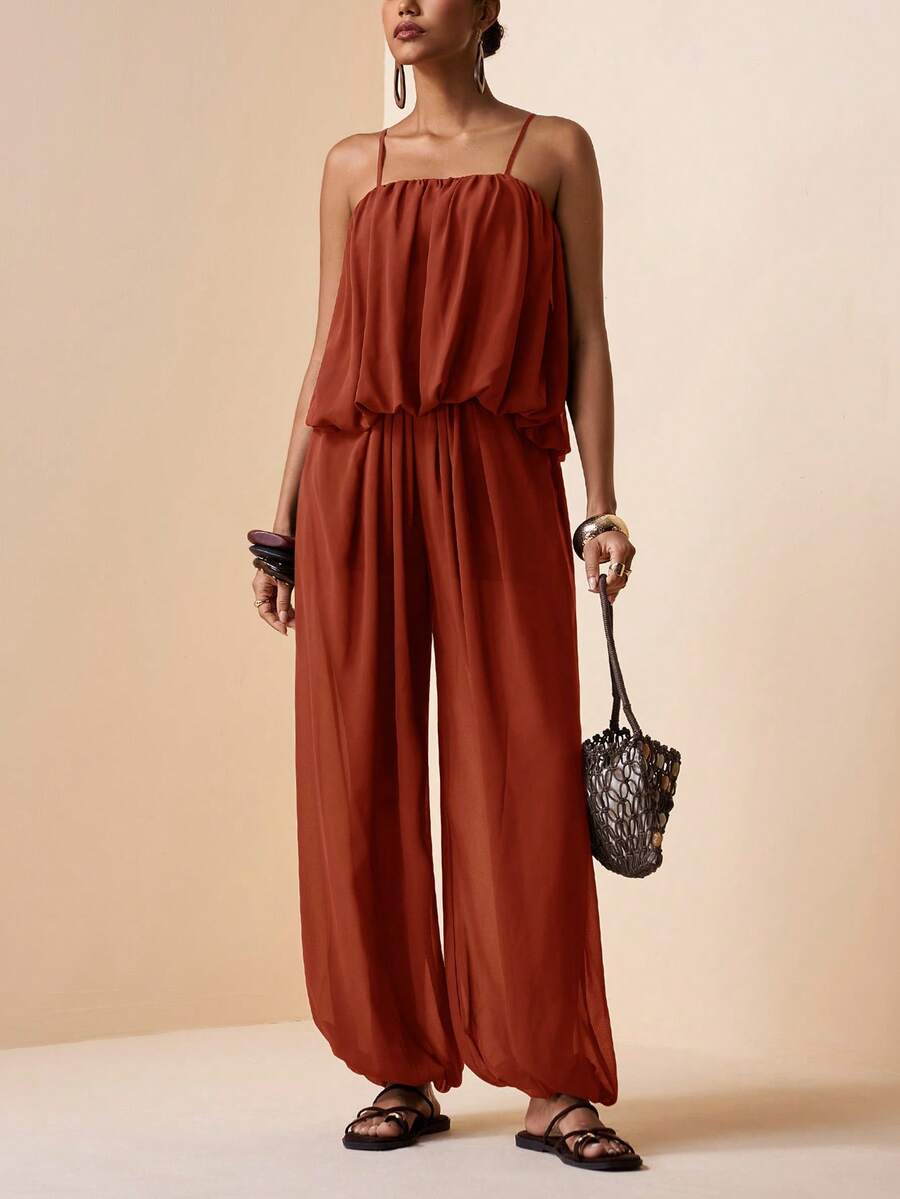 Zivah 2026 Spring/Summer New Music Festival, Easter, St. Patrick's Day, Valentine's Day, Date, Western, Nomadic, Birthday Party, Graduation, College Style, Student, Daily Casual, Basic Versatile, Leisure, Cruise Travel, Beach, Sunbathing, Viral Hit, Streetwear, Wedding Guest, Commuter, Brunch, Airport, Party, Holiday Outing, Office Wear, Camisole Ruffle Bud Layered Top And Wide Leg Pants With Pockets, Pleated Texture Palazzo Pants, Brown Chiffon 2-Piece Set - Redwood - View 1