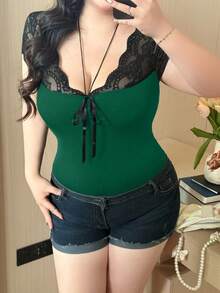Vibekara Bow Lace Patchwork Tie Knot Short Sleeve T-Shirt, Fitted Cropped Camisole Top, Spring, Mocha - Dark Green - View 4
