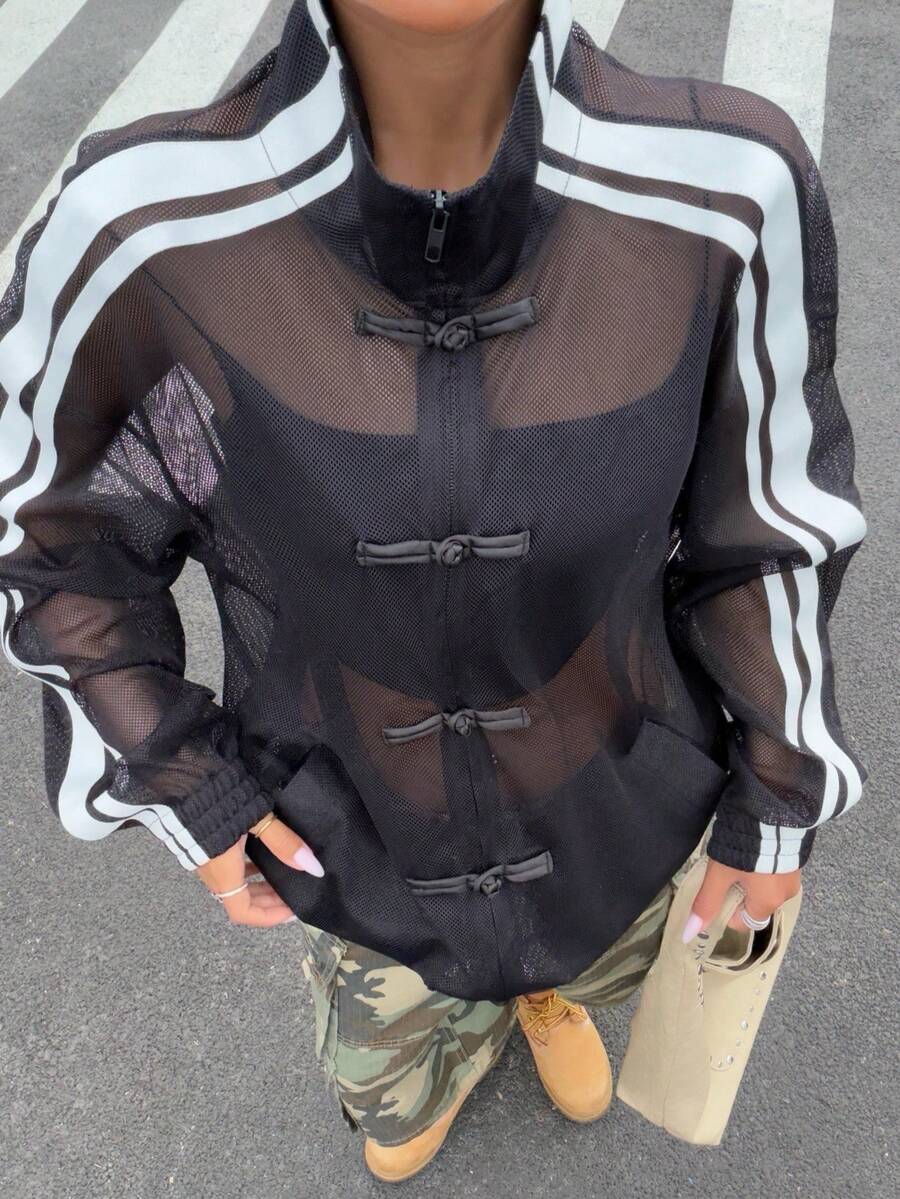 Muchica 女士黑色条纹网眼薄外套，带纽扣设计 - 黑色 - 查看 1