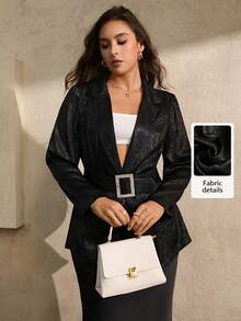 Juhart Áo khoác Blazer tay dài đính đá lấp lánh màu đen sang trọng cỡ lớn dành cho nữ - màu đen - Xem 1