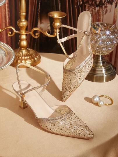 CUCCOO TILAWA Women Shoes Women's Fashion Pointed Golden Rhinestone Strip With Ankle Strap Mesh Splicing Fashion Party Dinner Gorgeous Sexy Kitten And Women's High Heel Shoes Empty Shoes