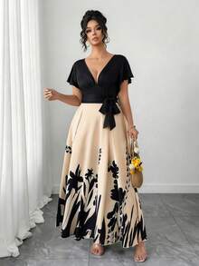 Vestido casual de línea A con cuello en V, volantes en el bajo y lazo en la cintura para mujer de talla grande.Estampado floral, corte holgado, cómodo y de moda para primavera/verano.Adecuado para uso diario, vacaciones, trabajo y ocasiones versátiles. - Multicolor 3 - Ver 5