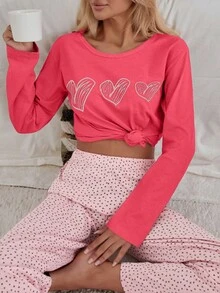 EURMUSE 100% Cotton 2Pcs  Heart Printed PJ Set - Hot Pink - View 6