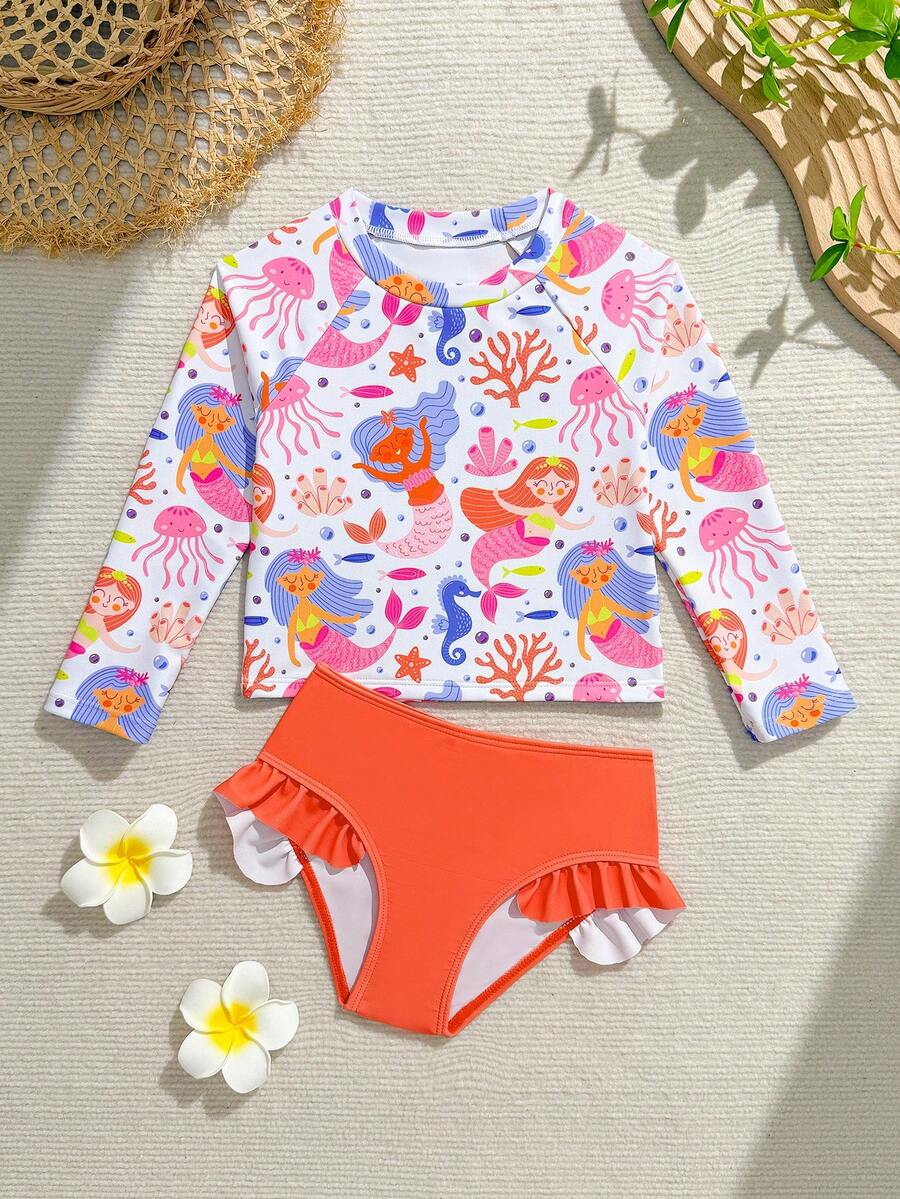 SHEIN 两件套女童连体泳衣，上衣饰有美人鱼、海马、水母、珊瑚等海洋生物图案，搭配亮橙色荷叶边三角泳裤，针织面料，时尚休闲，优雅大方，适合游泳、夏季度假、海滩、泳池等场合。另有儿童防晒长袖泳衣、女童防晒泳衣、10岁女童长袖防晒泳衣、带袖泳衣、泳装、沙滩装、防晒衣、女童沙滩装等春夏必备单品。 - 亮橙色 - 查看 1