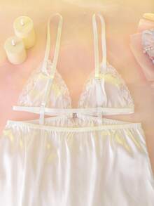 白色婚礼季前扣褶皱缎面蕾丝拼接无镂空显瘦深V浪漫优雅精致女士睡裙 - 白色 - 查看 3