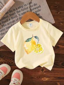1 pieza de camiseta de cuello redondo de manga corta con estampado floral de verano casual y linda para niñas jóvenes, adecuada para salidas en vacaciones de verano, nueva moda SS26, atuendos de verano - Amarillo - Ver 4