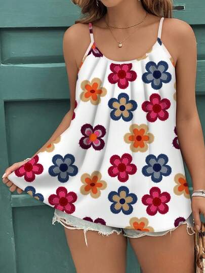 EMERY ROSE Plus Size Mother's Day Casual Minimalist Vintage Ditsy Floral Elegant Loose Tank Top & Camisole Top, Suitable For Summer Beach Holiday,Flower/Vacation/Spring