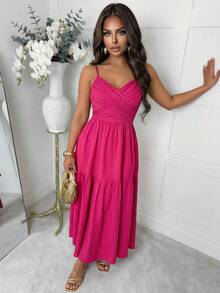 Slaydiva New Early Spring, Spring And Summer Music Festival, Valentine's Day, Easter, Bohemian Style, Nomadic Style, Casual, Simple And Basic, Cruise Party, Birthday Party, Daily Date, Casual Vacation, Elegant Commuting, Halter, Cross Front Piece Design, Cake Skirt, Long Skirt A, Beach Skirt, Rose Red Dress, Long Dress For Women -A - Hot Pink - View 7