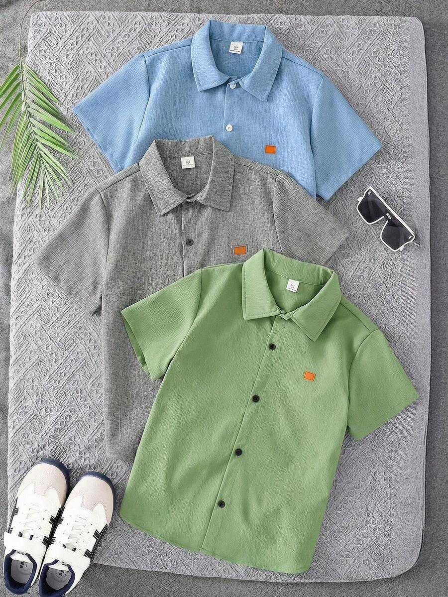 3件套青少年男童宽松休闲百搭立领贴布编织短袖衬衫套装，适合上学、聚会、派对和郊游等场合。 - 彩色 - 查看 1