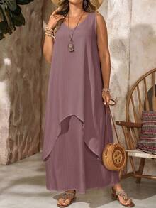 EMERY ROSE Plus Size Women's Purple Summer Boho Vacation Holiday Dress,V-Neck Sleeveless Solid Color 2 In 1 Flowy Long Dress,Casual Beach Outfits,Country Style - Brown - View 5