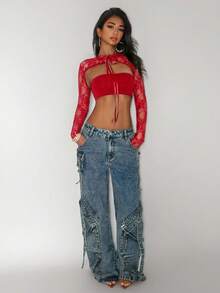 SHEIN Unity Áo kiểu nữ bằng vải ren, gợi cảm, táo bạo, mang phong cách avant-garde. - Đỏ - Xem 6