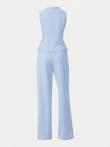 Girlism Teen Girls Sleeveless Top And Pants Set, Metal Button Closure, Elegant Retro Style,Kids - Baby Blue - View 10