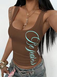 StreetHx Women's Black Versatile Commuter U-Neck Silver English Letter Print Streetwear Fitted Sexy School Back To School Camisole Tank Top, Spring/Summer - Brown - View 1