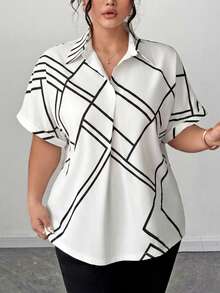 Elenzga Chemise décontractée à manches chauve-souris avec imprimé rayé bicolore pour grandes tailles. Blouses amples pour femmes de grande taille. Chemisier de travail pour grandes tailles. Chemisier à manches courtes pour grandes tailles. Chemise d'été pour grandes tailles. Hauts de travail pour femmes. Chemisier élégant décontracté pour femmes de grande taille. Hauts pour femmes de grande taille. Tenues décontracté chic pour femmes de grande taille - Blanc - Voir 7