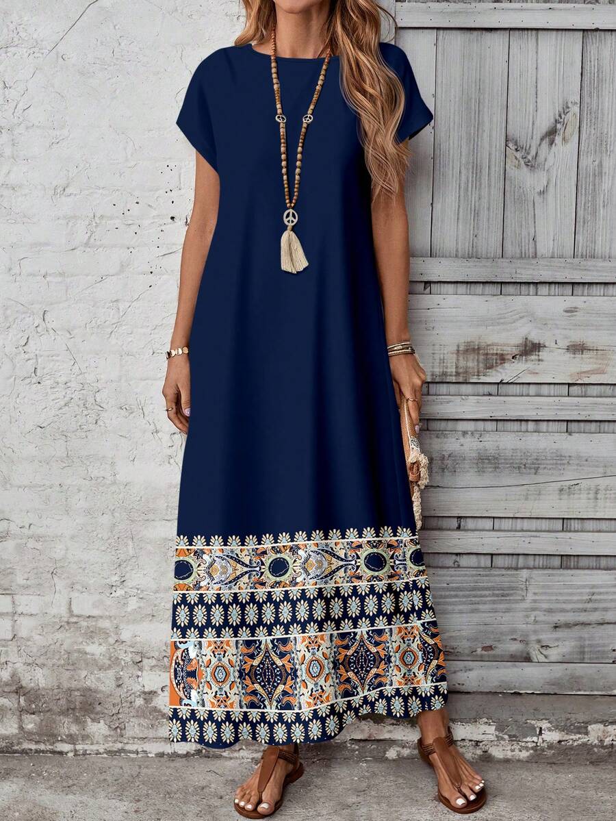 EMERY ROSE Đầm hè nữ kiểu dáng retro phối họa tiết. - Màu xanh hải quân - Xem 1