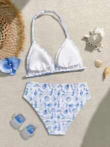 SHEIN 少女休闲多色海洋生物针织数码印花深V领比基尼套装两件套，时尚优雅淑女风，适合游泳、夏季度假、海滩、泳池、节日派对 - 藍色 - 查看 2