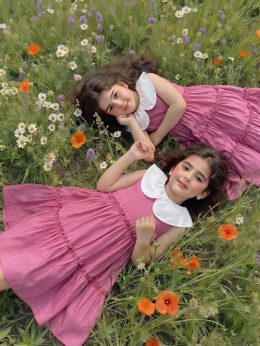 Elladie kids 1件女童夏季新款时尚韩版彼得潘领公主裙，可爱宽松西瓜蛋糕裙，百搭度假时尚连衣裙 - 玫紅色 - 查看 1
